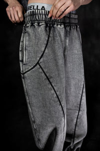 Close-up of elastic waistband on grey baggy lower highlighting comfort and flexibility