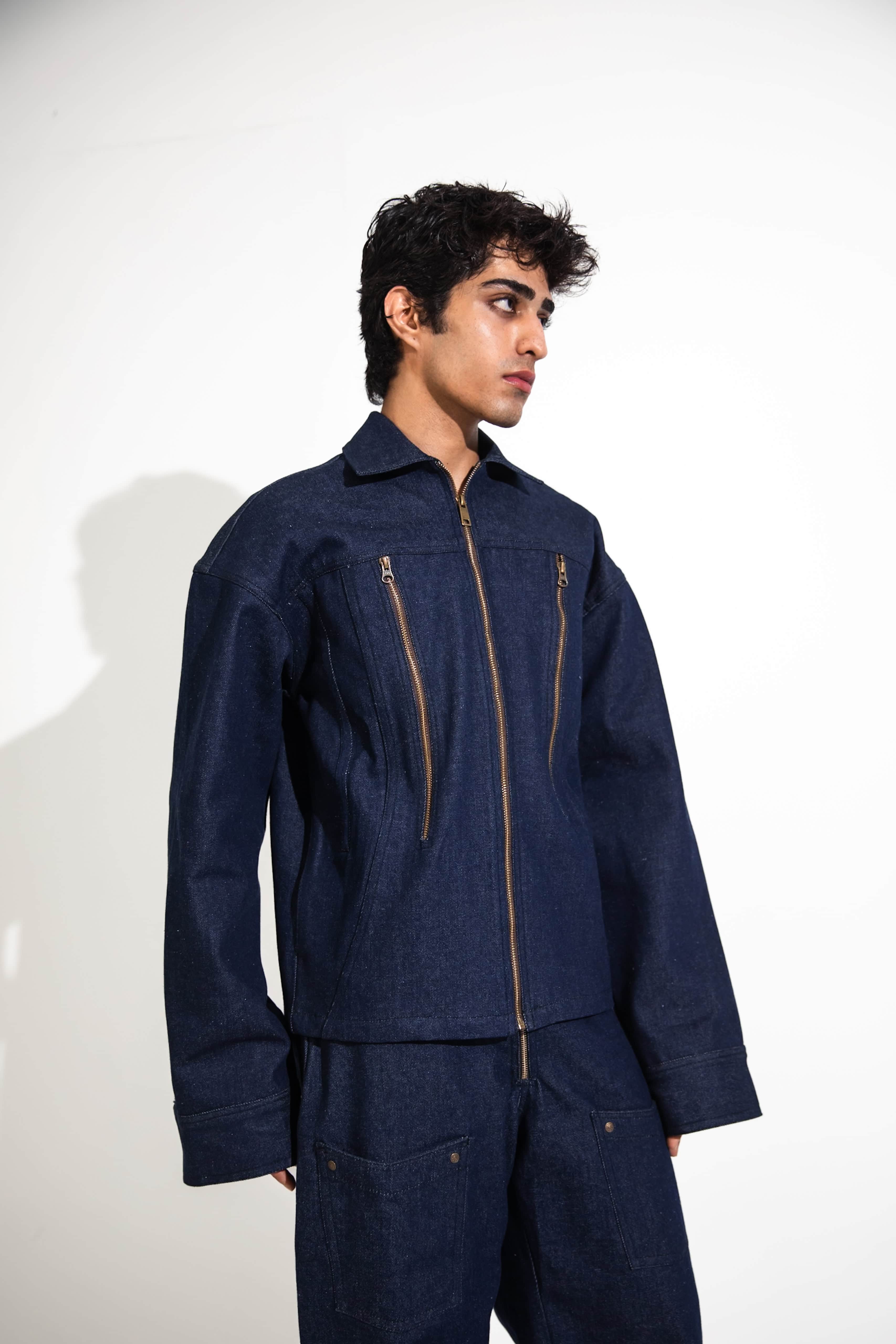 premium modern blue denim jacket, streetwear fashion look with bold details