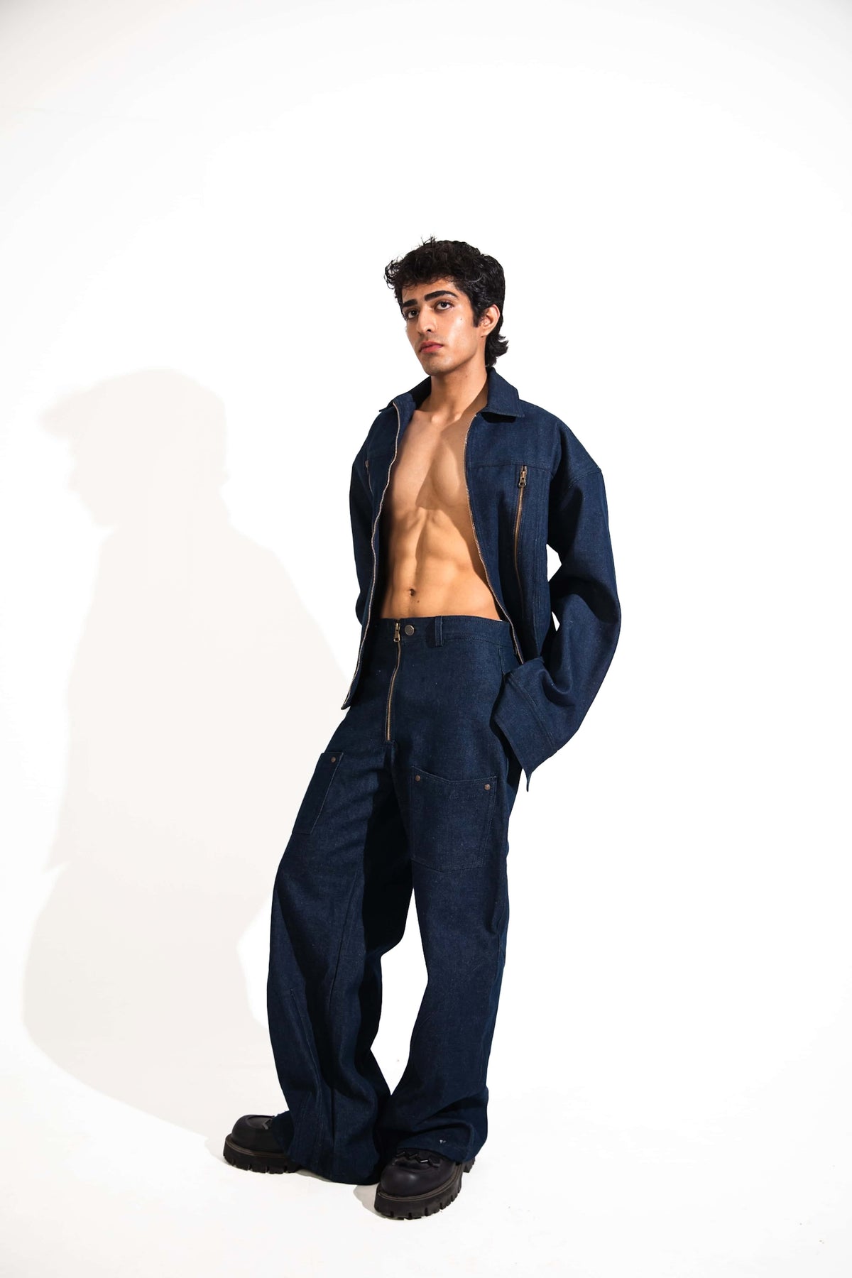 Blue Denim Jacket and Wide Leg Pants Set, Casual Streetwear Look 