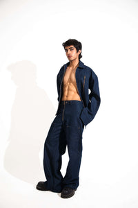 Blue Denim Jacket and Wide Leg Pants Set, Casual Streetwear Look 