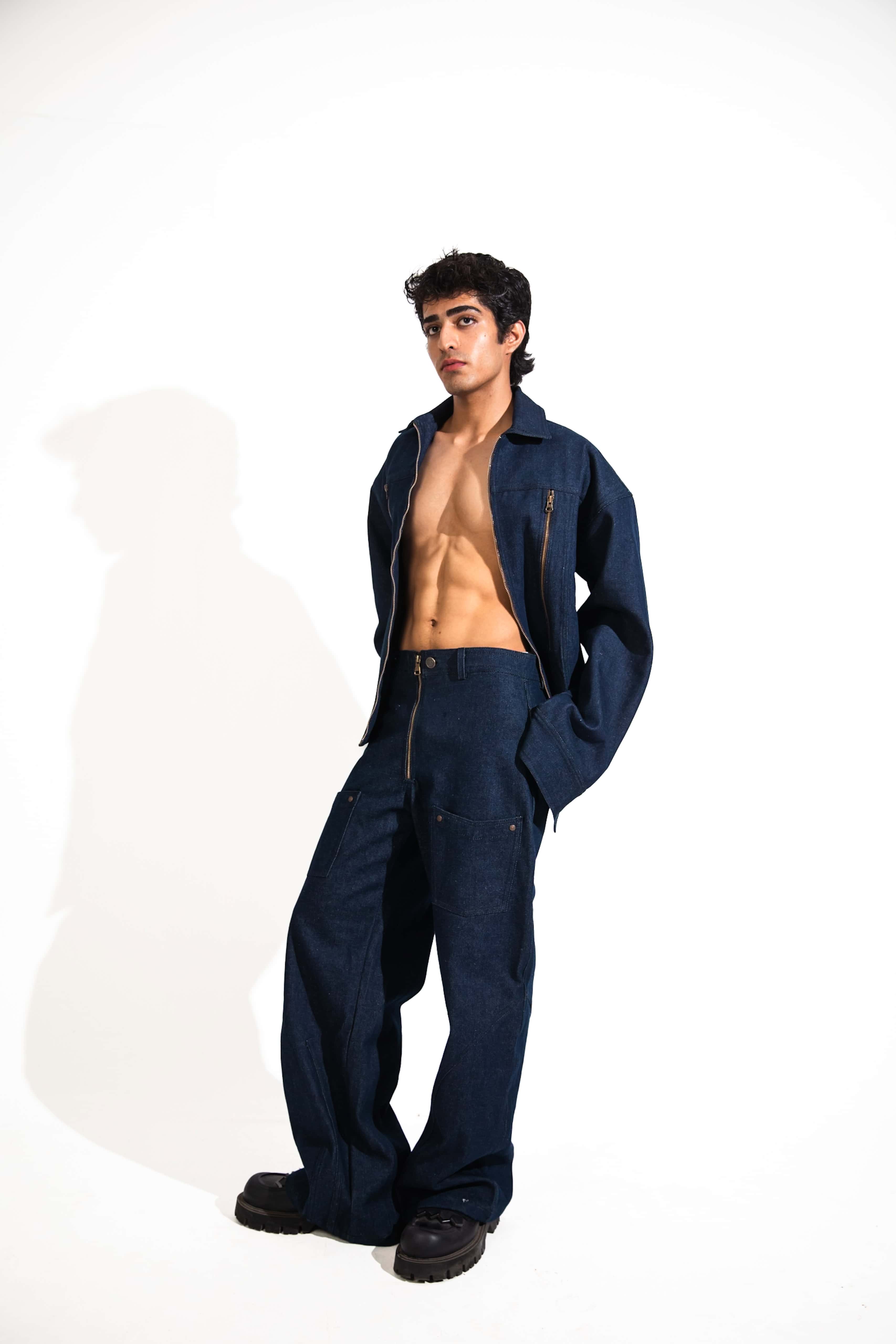 Blue Denim Jacket and Wide Leg Pants Set, Casual Streetwear Look 