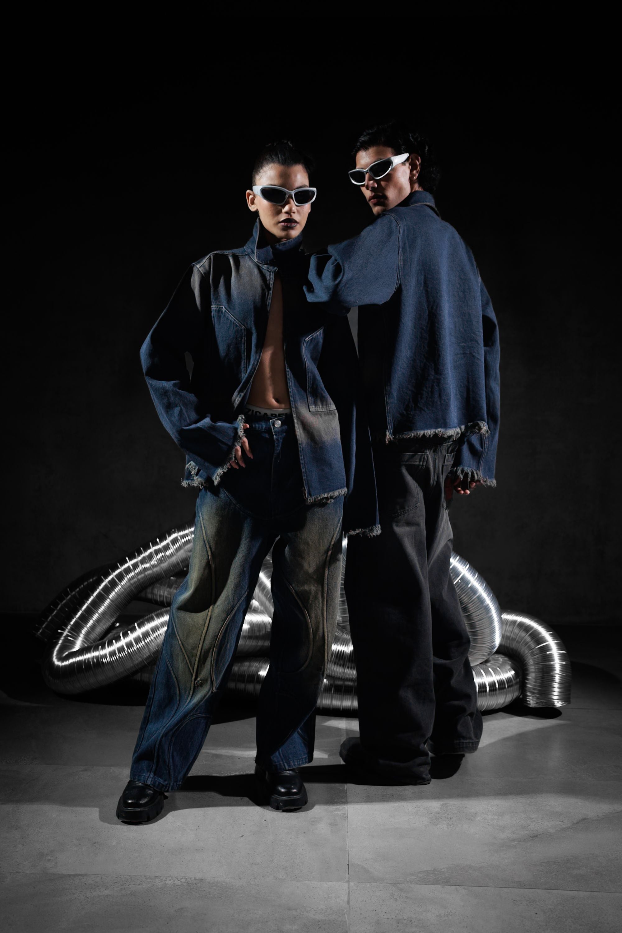 blue denim jacket with front zipper styled in a streetwear look