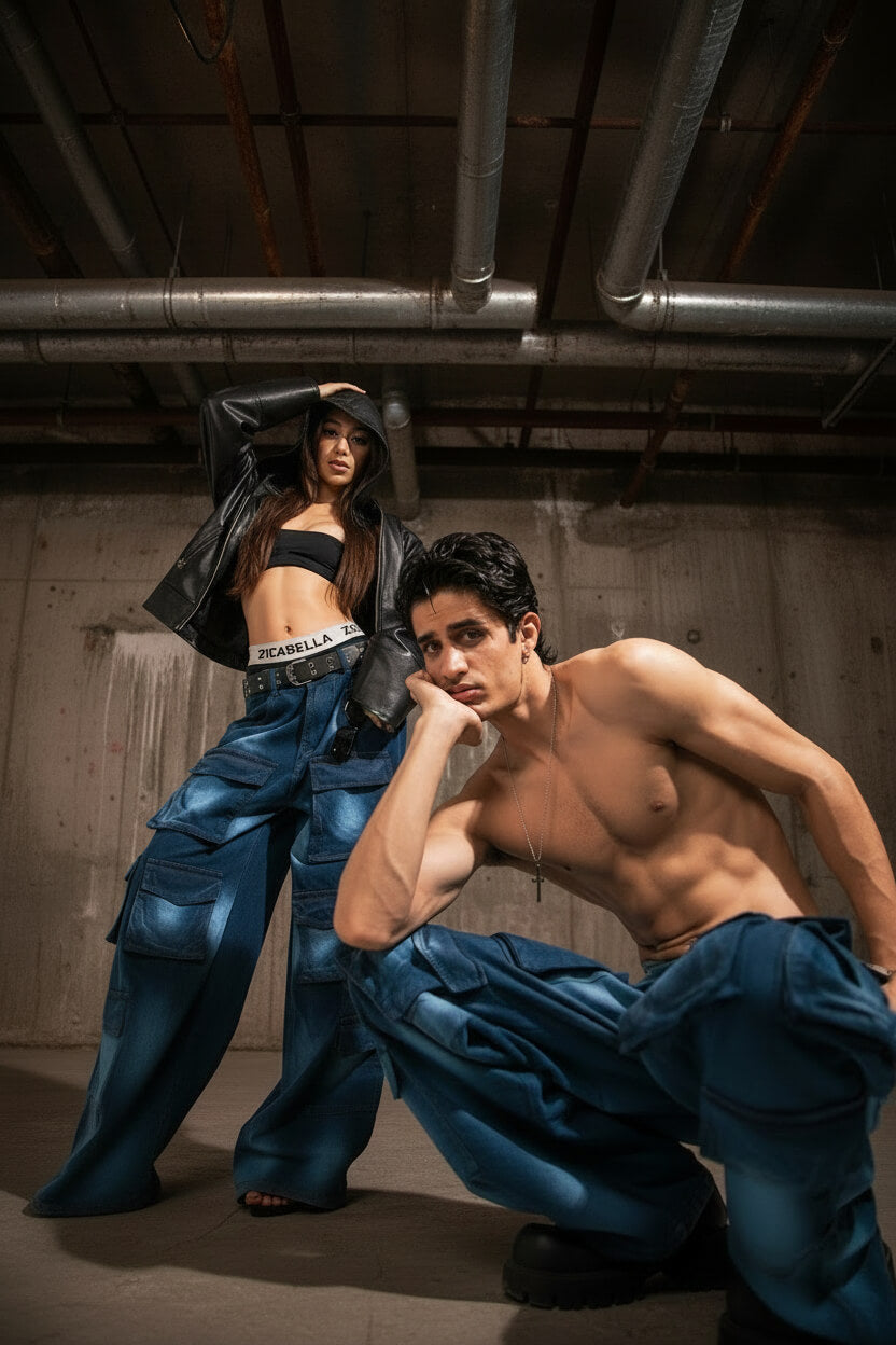 Fashion editorial style dark blue baggy denim cargo for urban streetwear looks