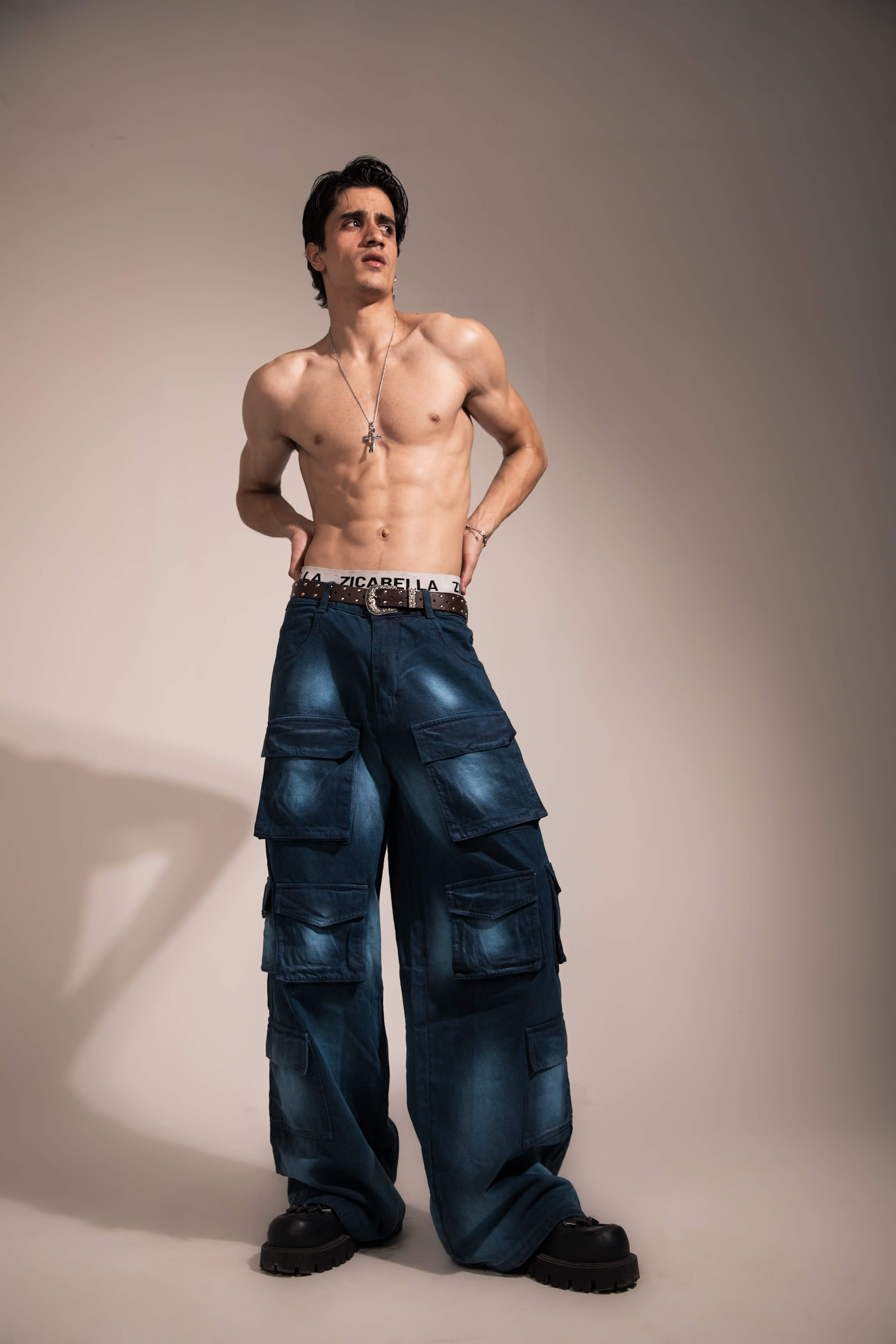 heavyweight modern streetwear dark blue denim cargo with oversized contemporary fit