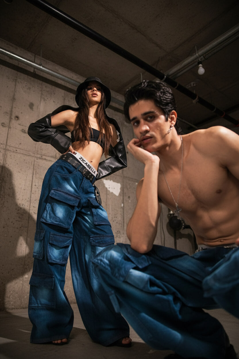 premium oversized dark blue denim cargo styled for modern streetwear fashion look