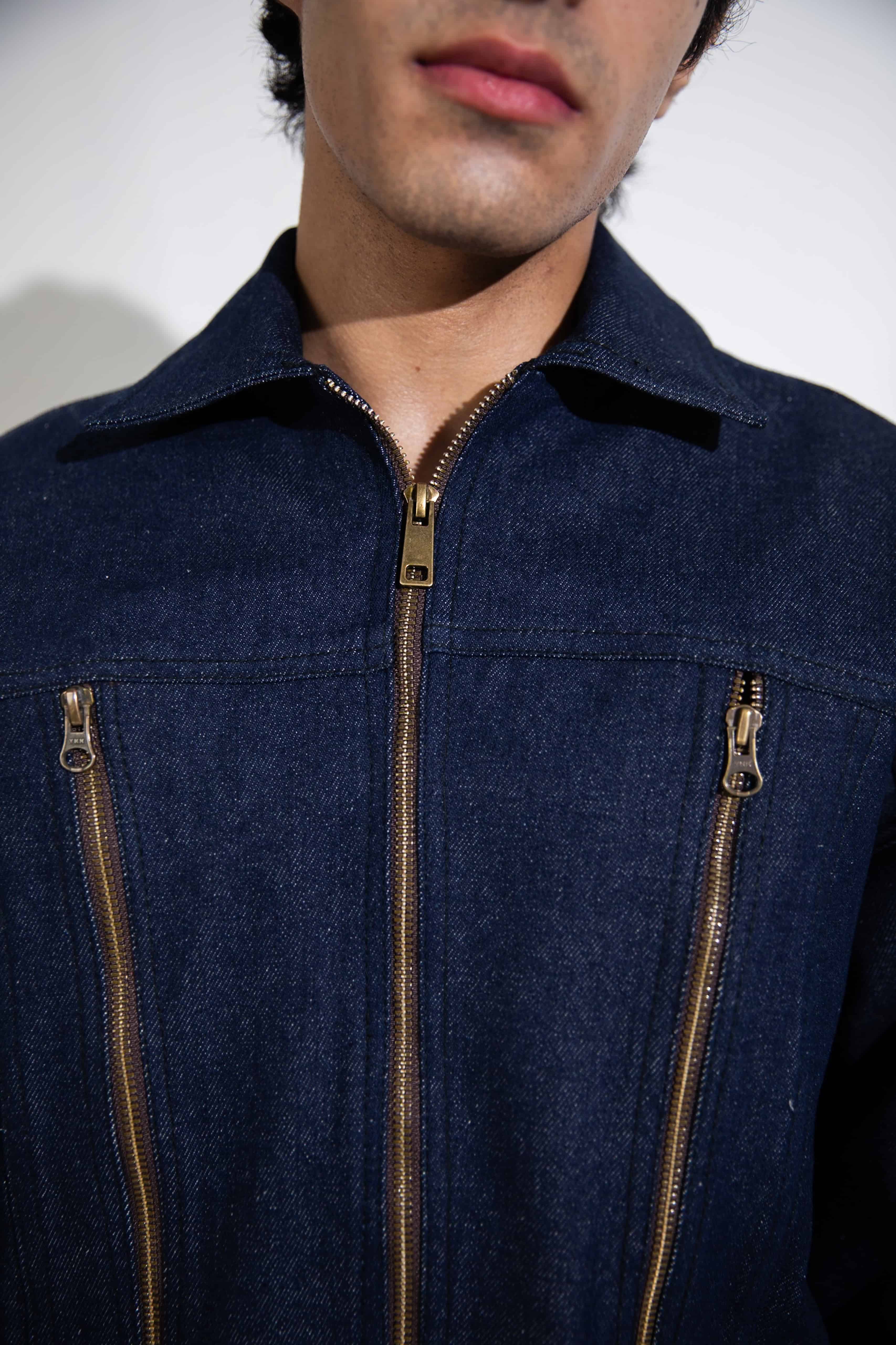 Casual Men’s Denim Outfit in Blue, Zipper Jacket with Urban Vibes