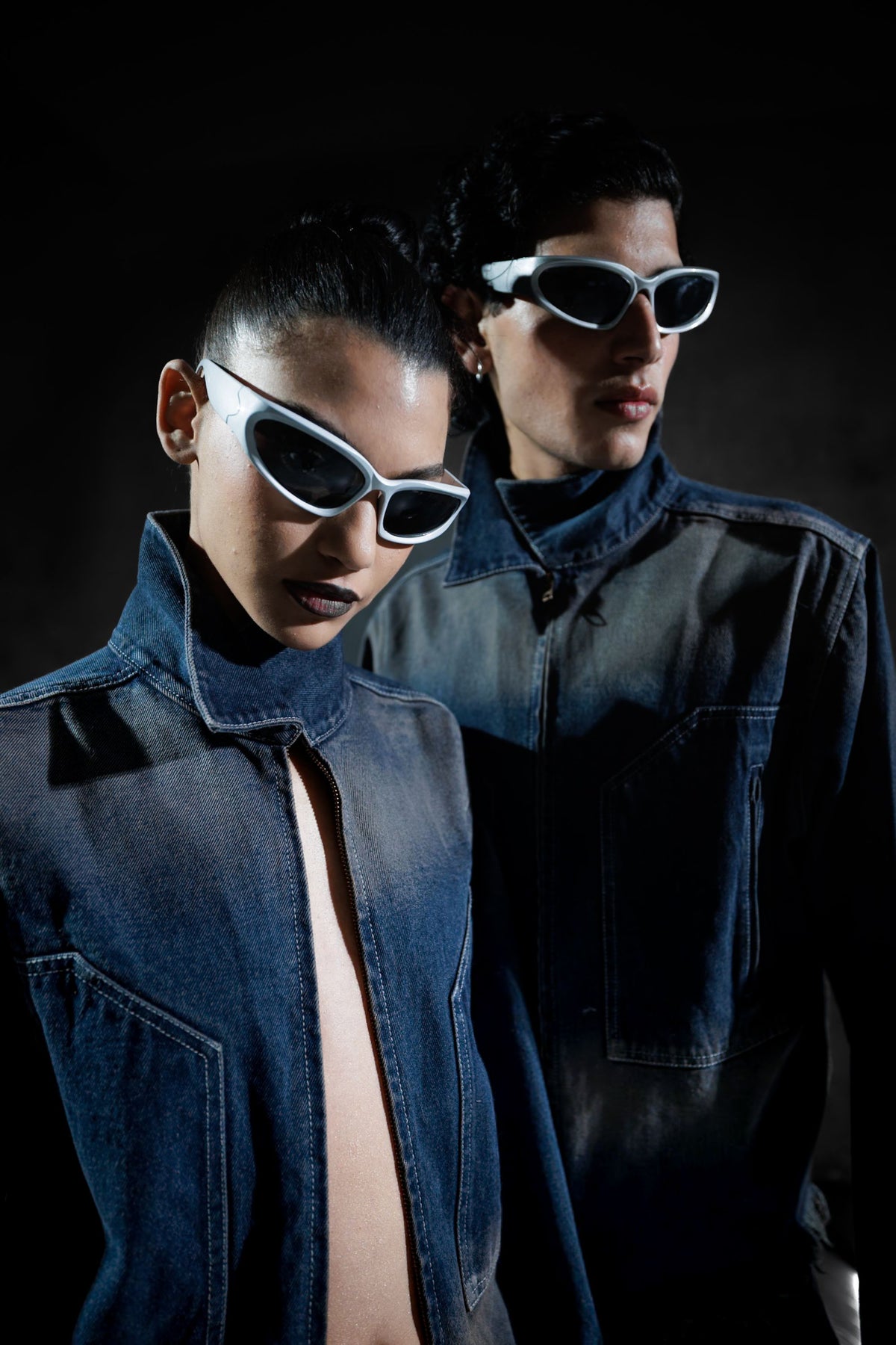 blue denim jacket styled in a modern streetwear look