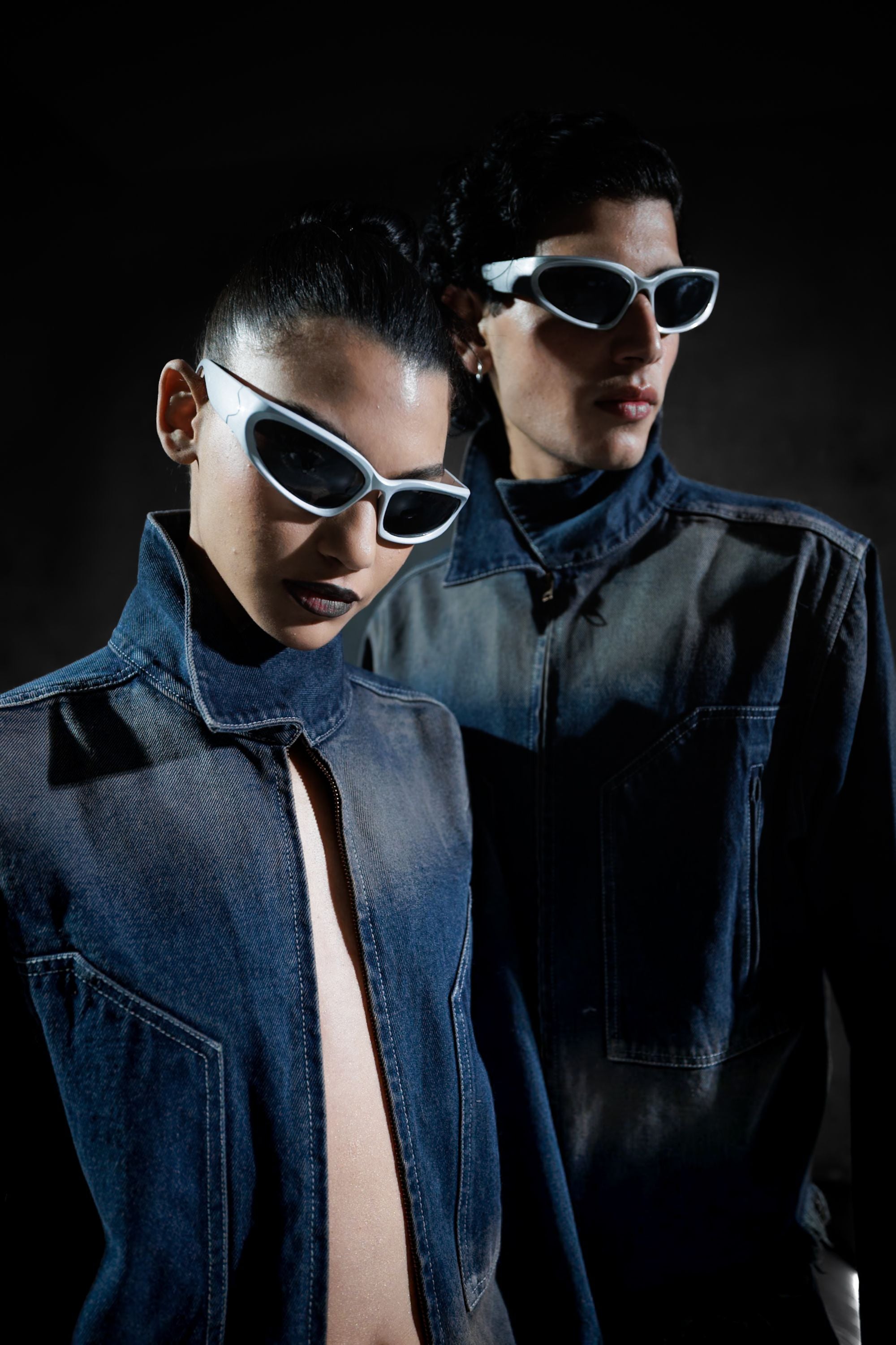 blue denim jacket styled in a modern streetwear look