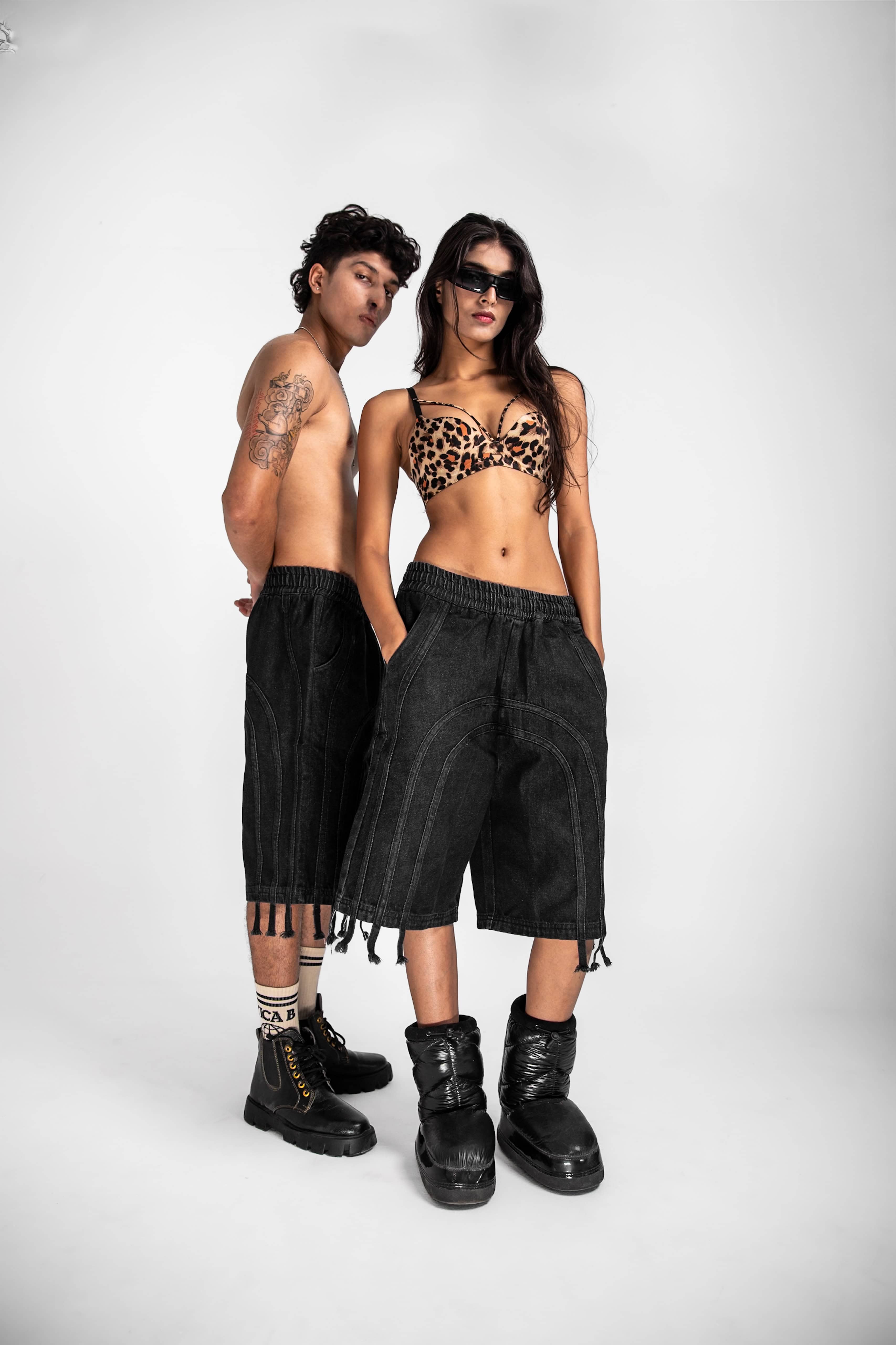 denim jorts with fringed back detail, ideal for streetwear enthusiasts