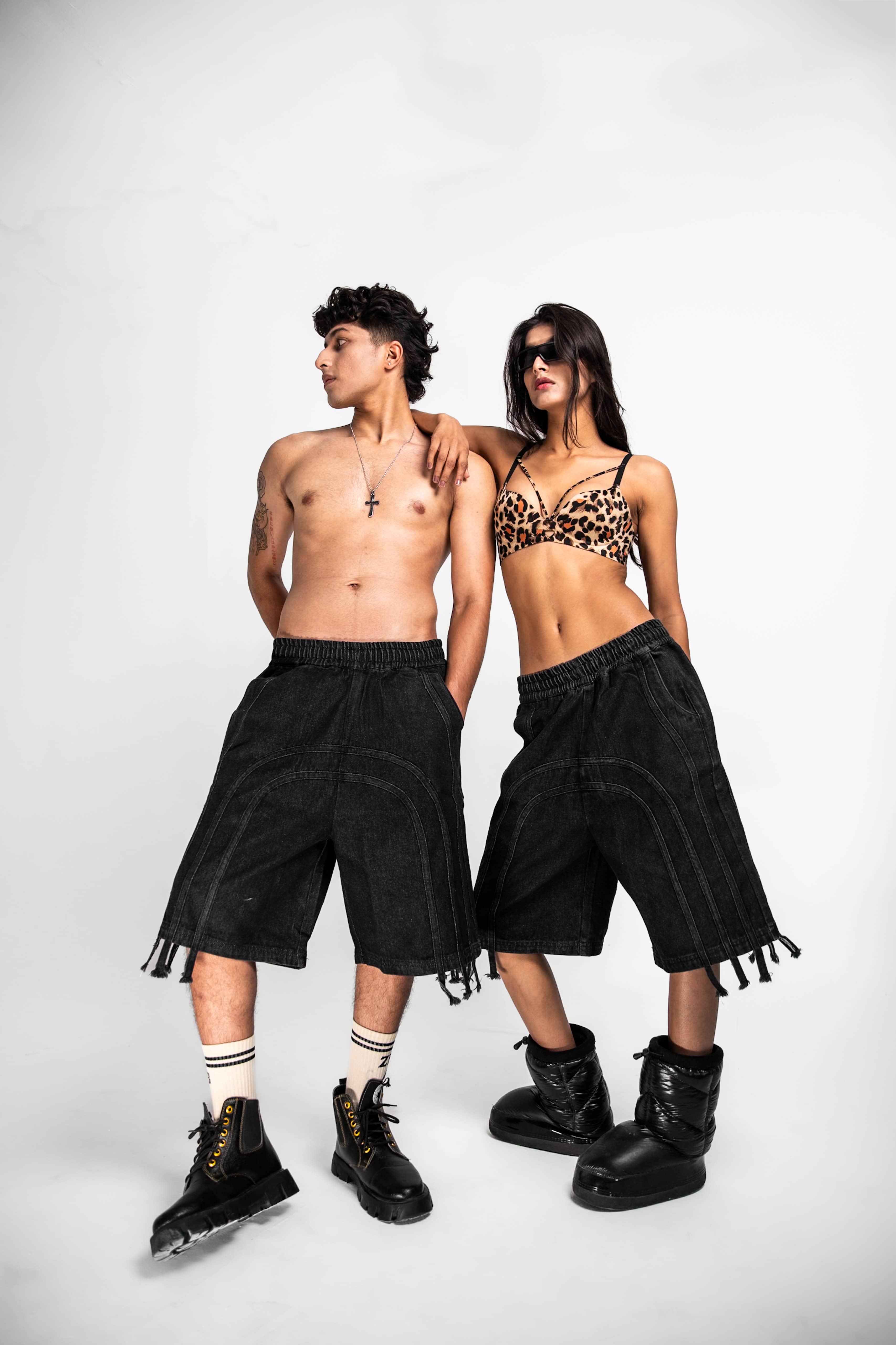 black denim jorts with fringe detail, versatile mens streetwear piece