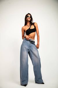 Jeans executed in denim with a baggy fit and luxury streetwear tone delivering a premium drape and confident silhouette
