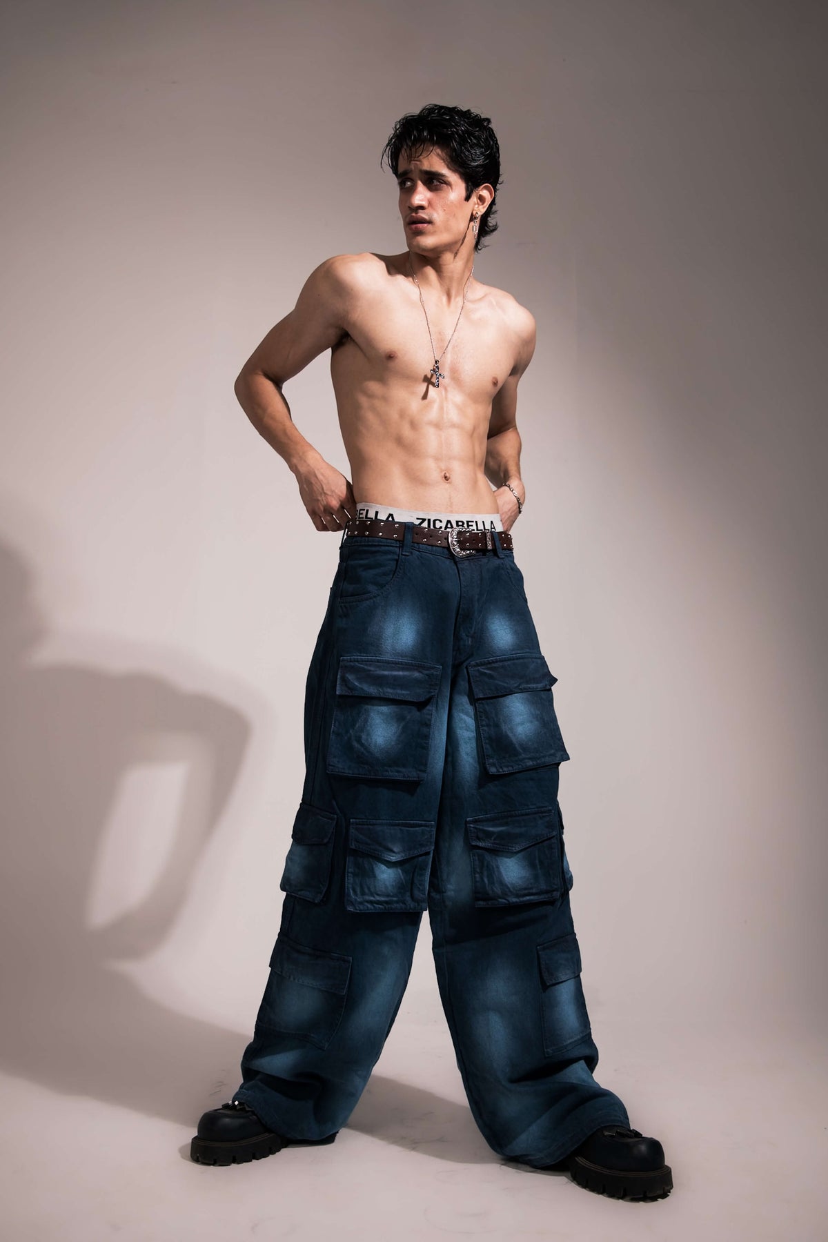 premium urban style dark blue denim cargo with bold baggy silhouette