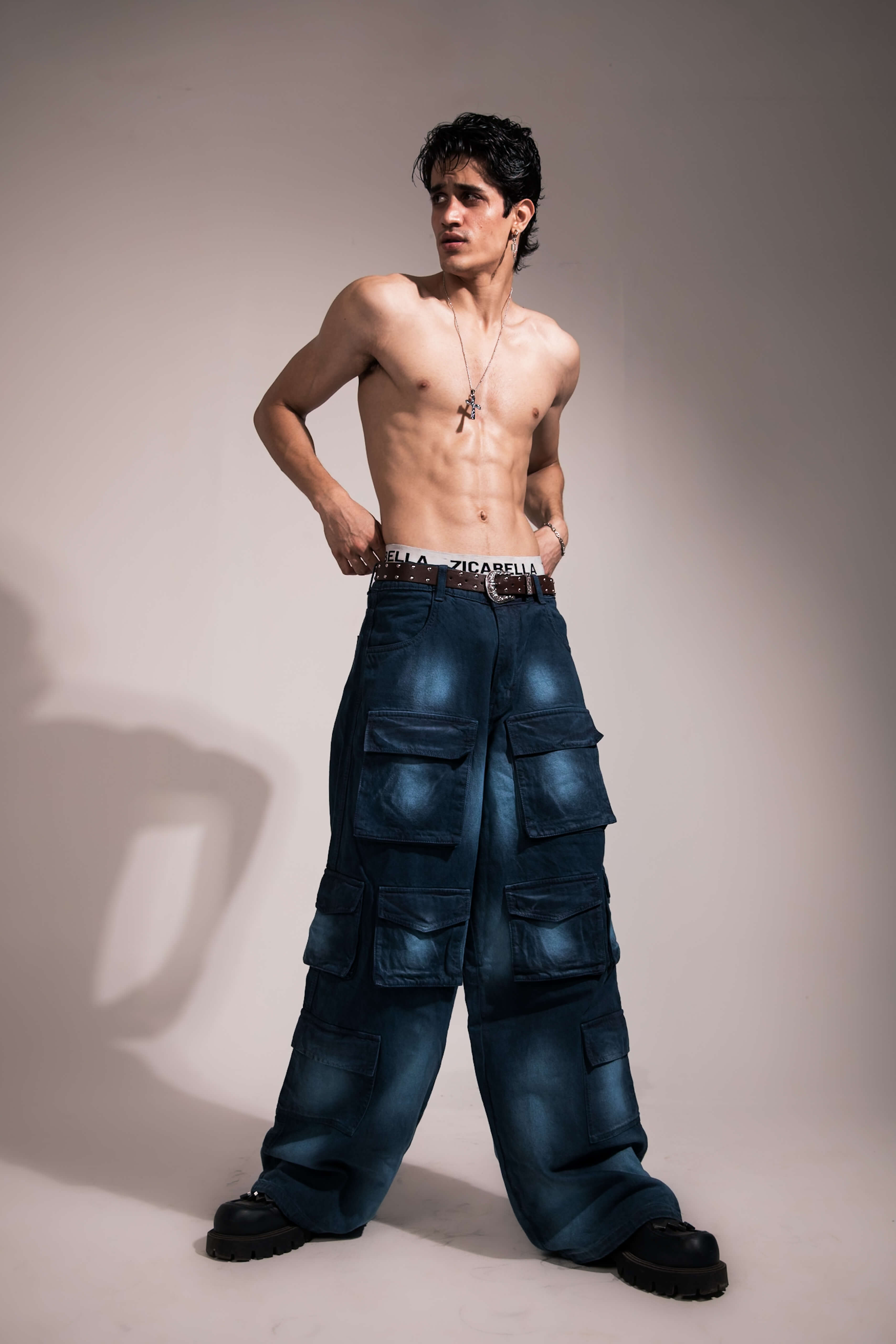 premium urban style dark blue denim cargo with bold baggy silhouette