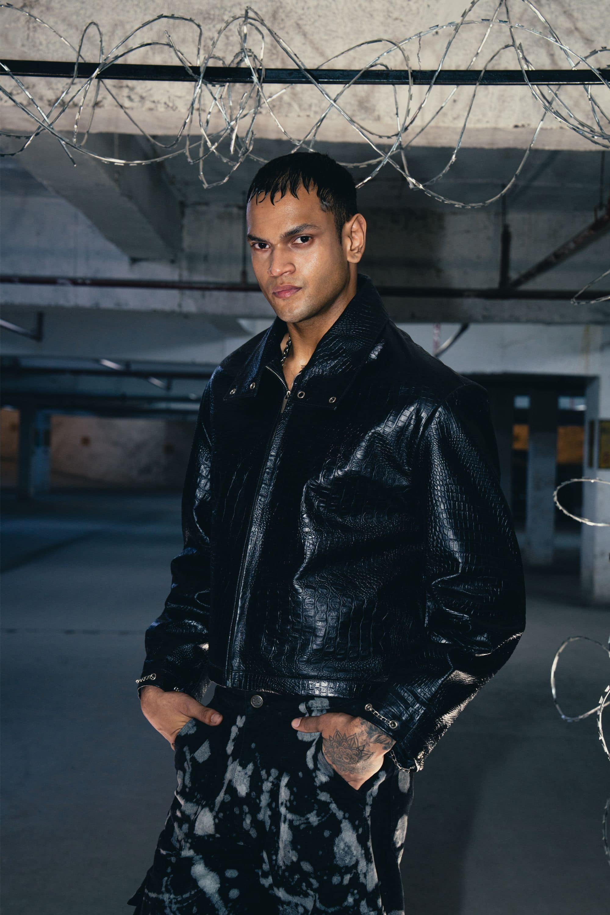 Casual oversized black croc leather jacket, designed for a relaxed yet trendy look