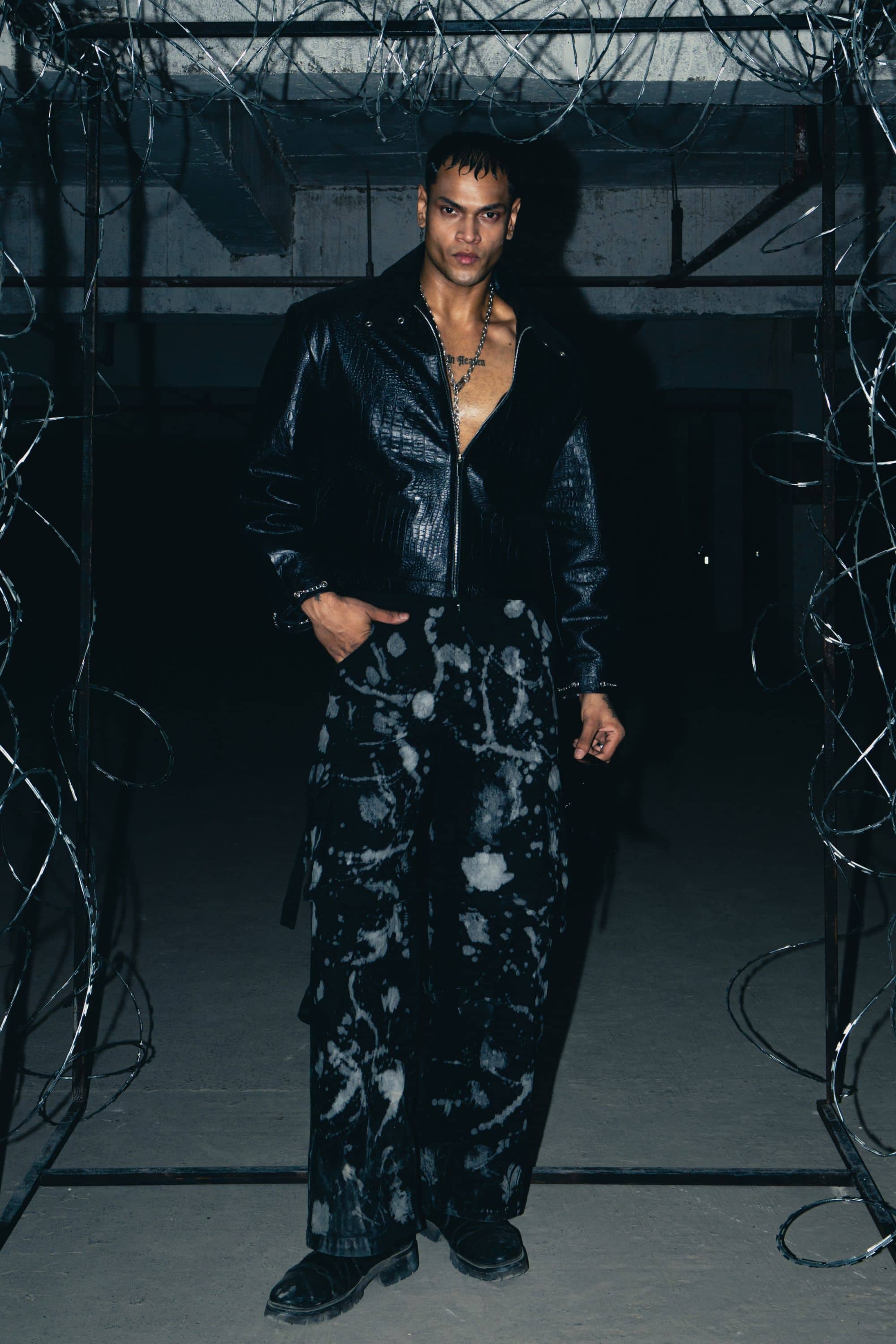 Oversized black croc leather jacket, featuring a bold textured design for a standout streetwear style