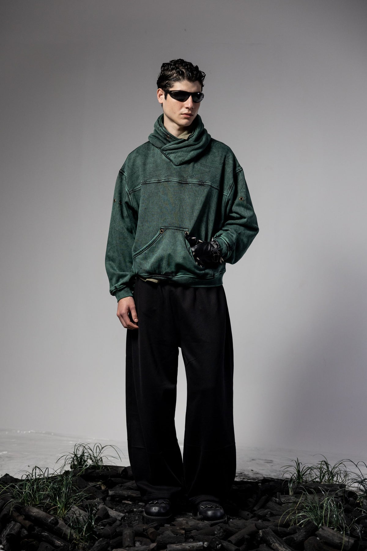 Men’s green oversized streetwear hoodie with high neck design and premium fabric