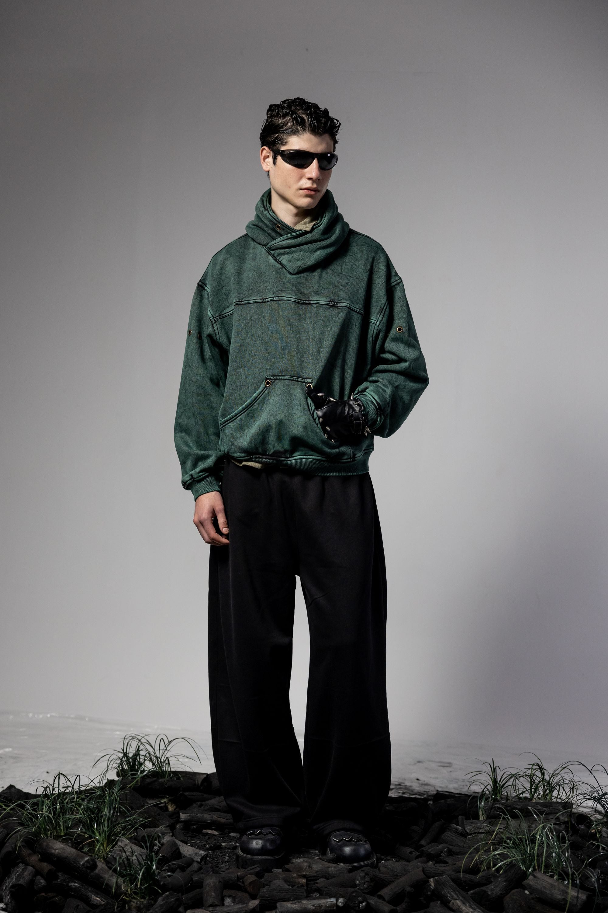 Men’s green oversized streetwear hoodie with high neck design and premium fabric