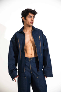 Modern Men’s Denim Suit in Blue, Casual Outfit with Zipper Detail