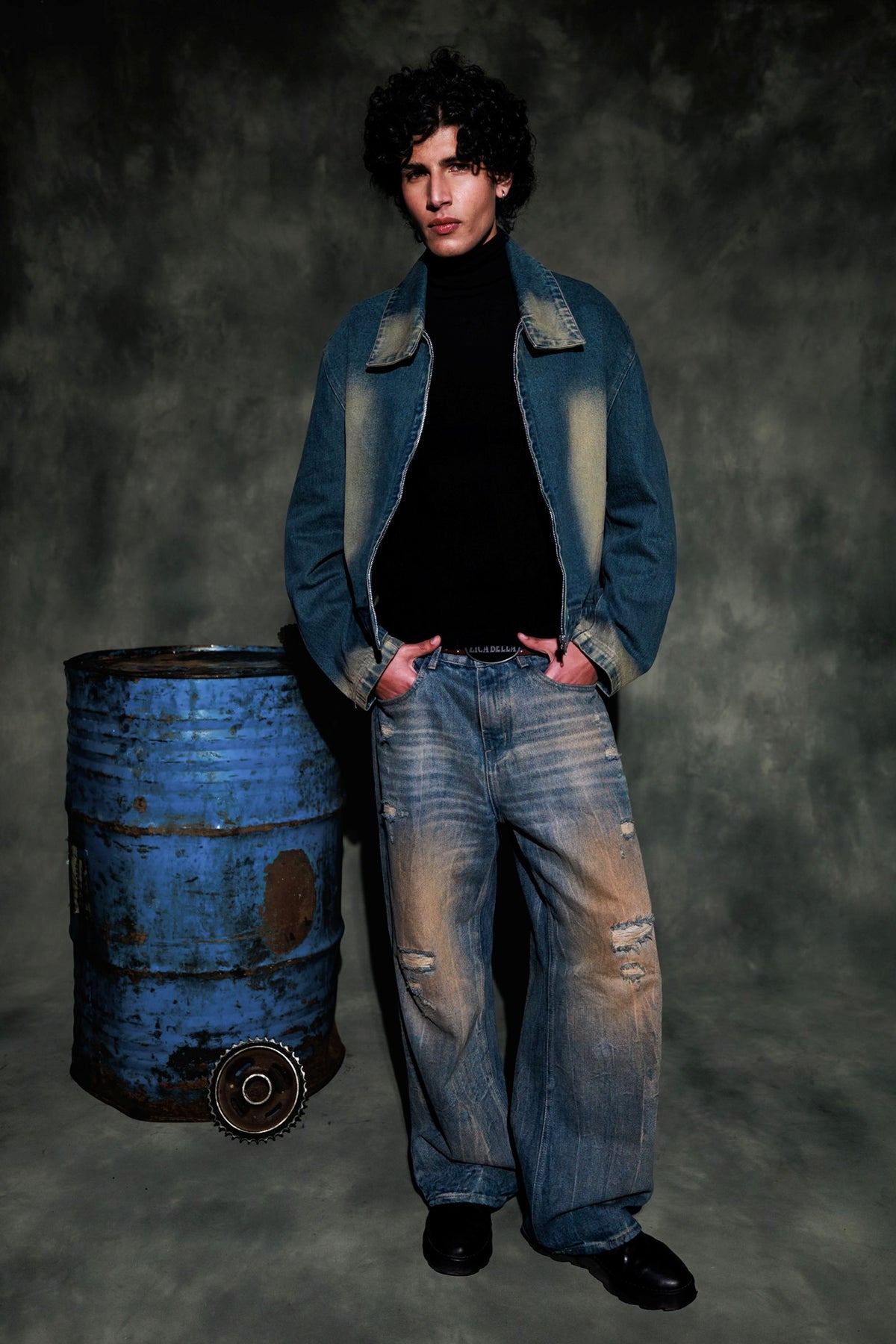 mens oversized denim jacket styled in urban street style fashion