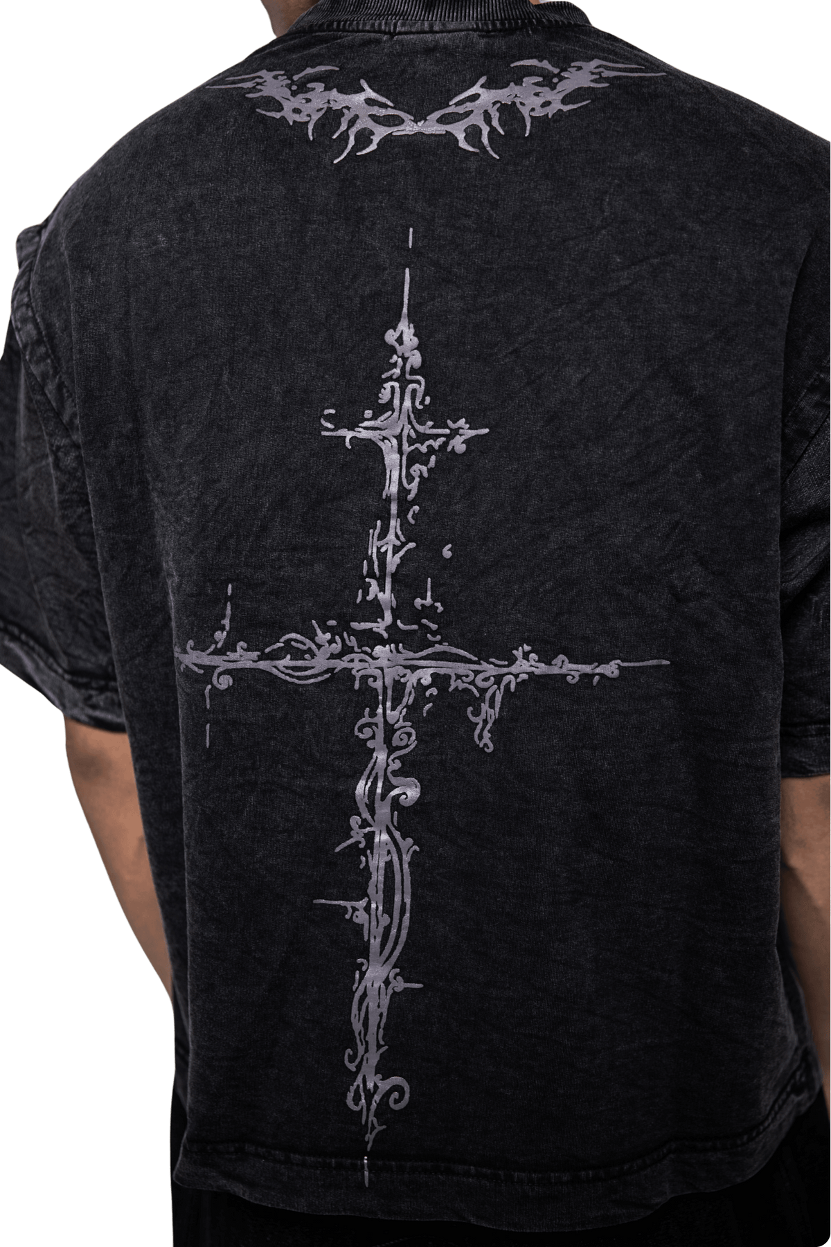 back view of oversized acid washed t-shirt featuring modern streetwear structure and obersize fit