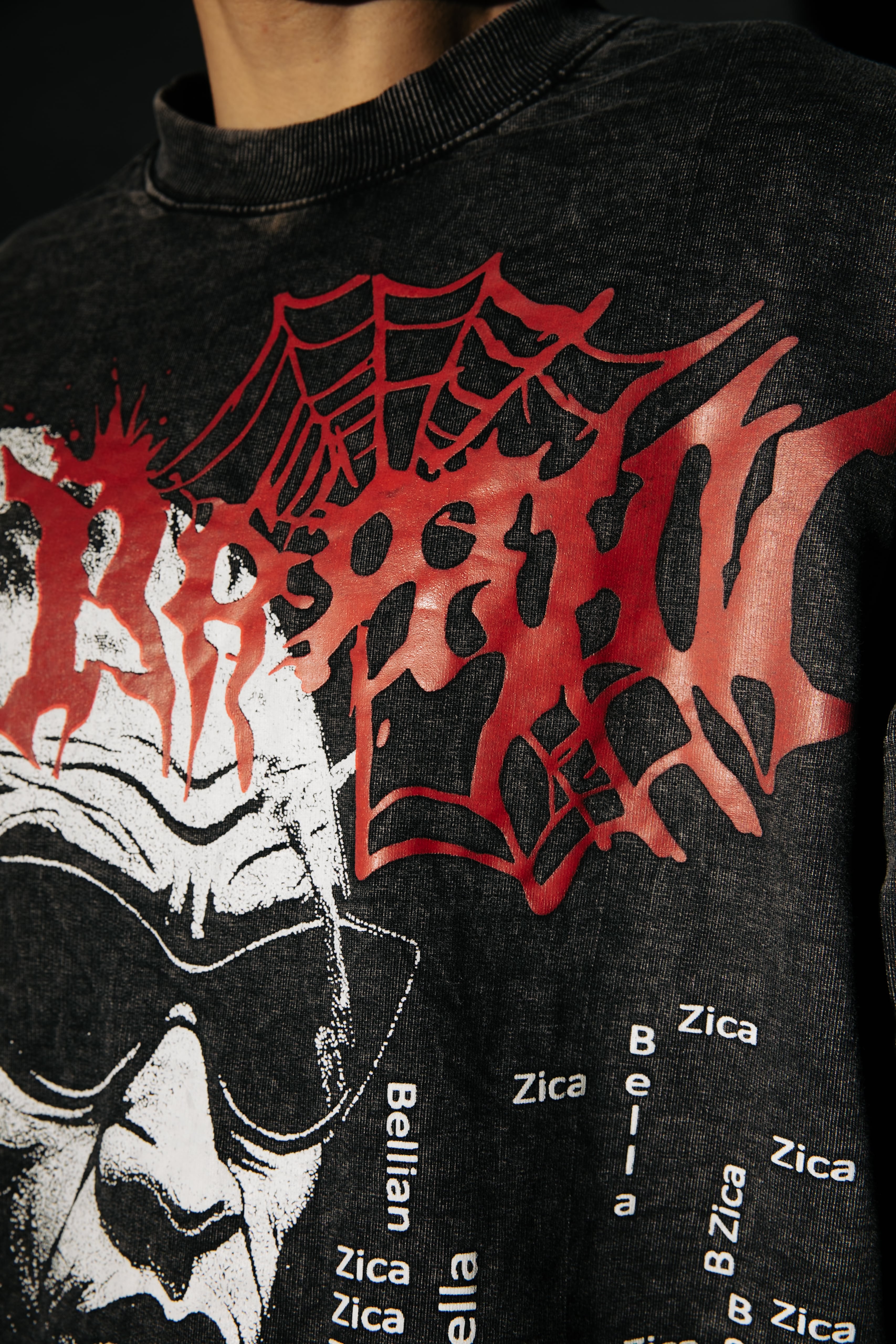 front print design on an oversized black t-shirt for a modern, edgy vibe