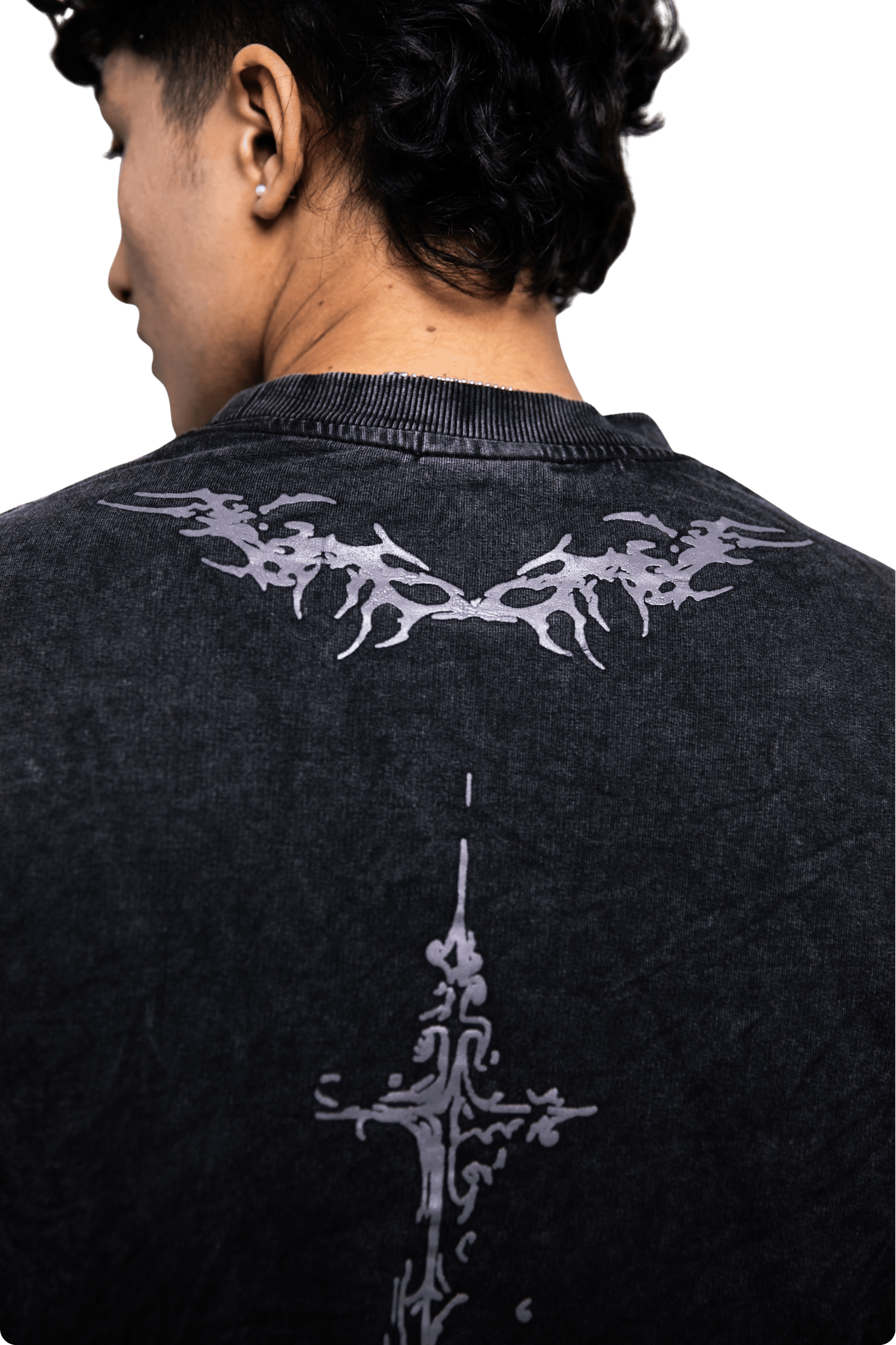 Back view of the premium streetwear graphic t-shirt showcasing detailed print and oversized fit.