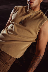 beige tank top on model, men’s streetwear with relaxed silhouette and premium texture