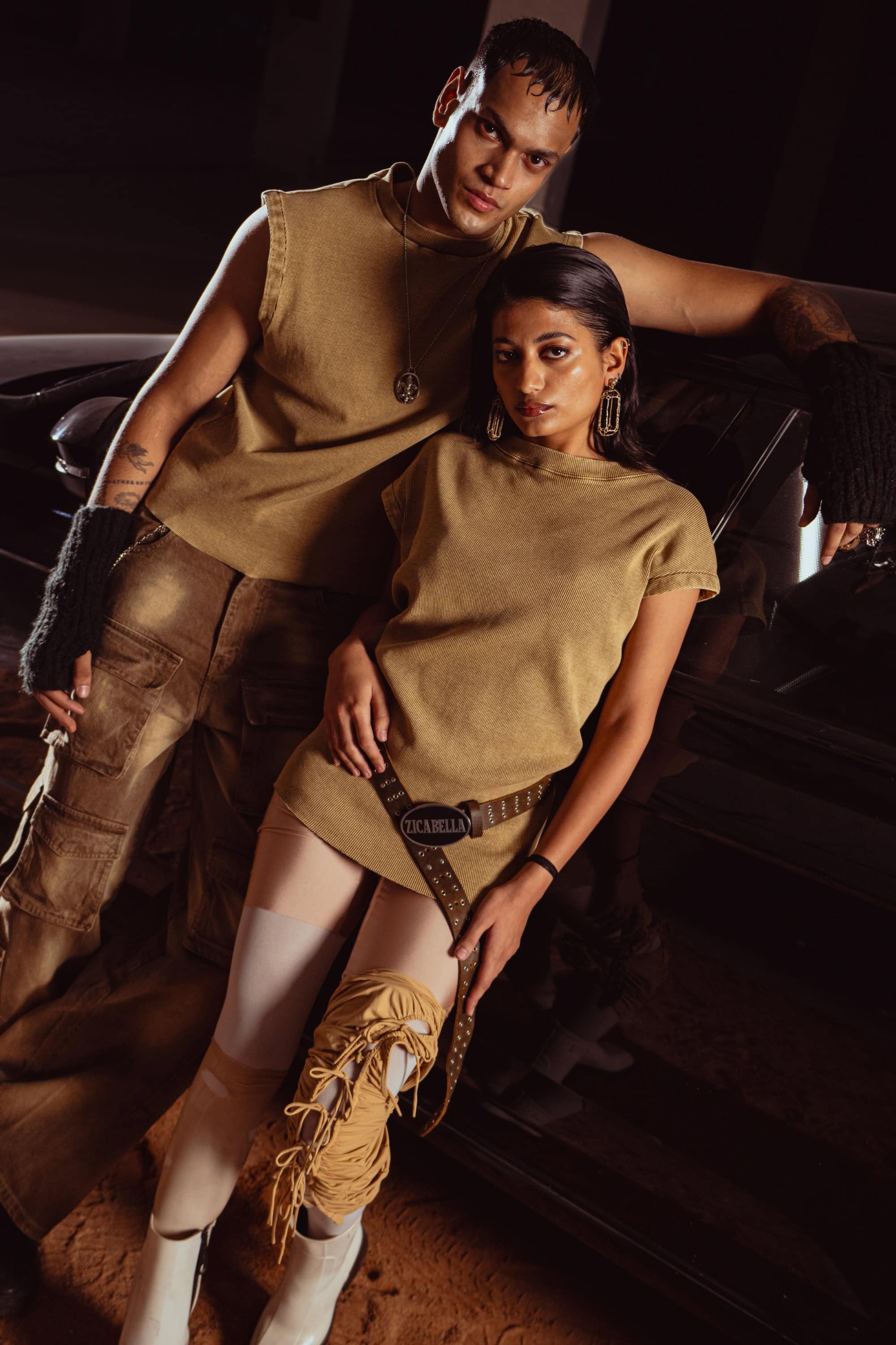 beige tank top styled for a lifestyle urban fashion look, showcasing a modern streetwear aesthetic