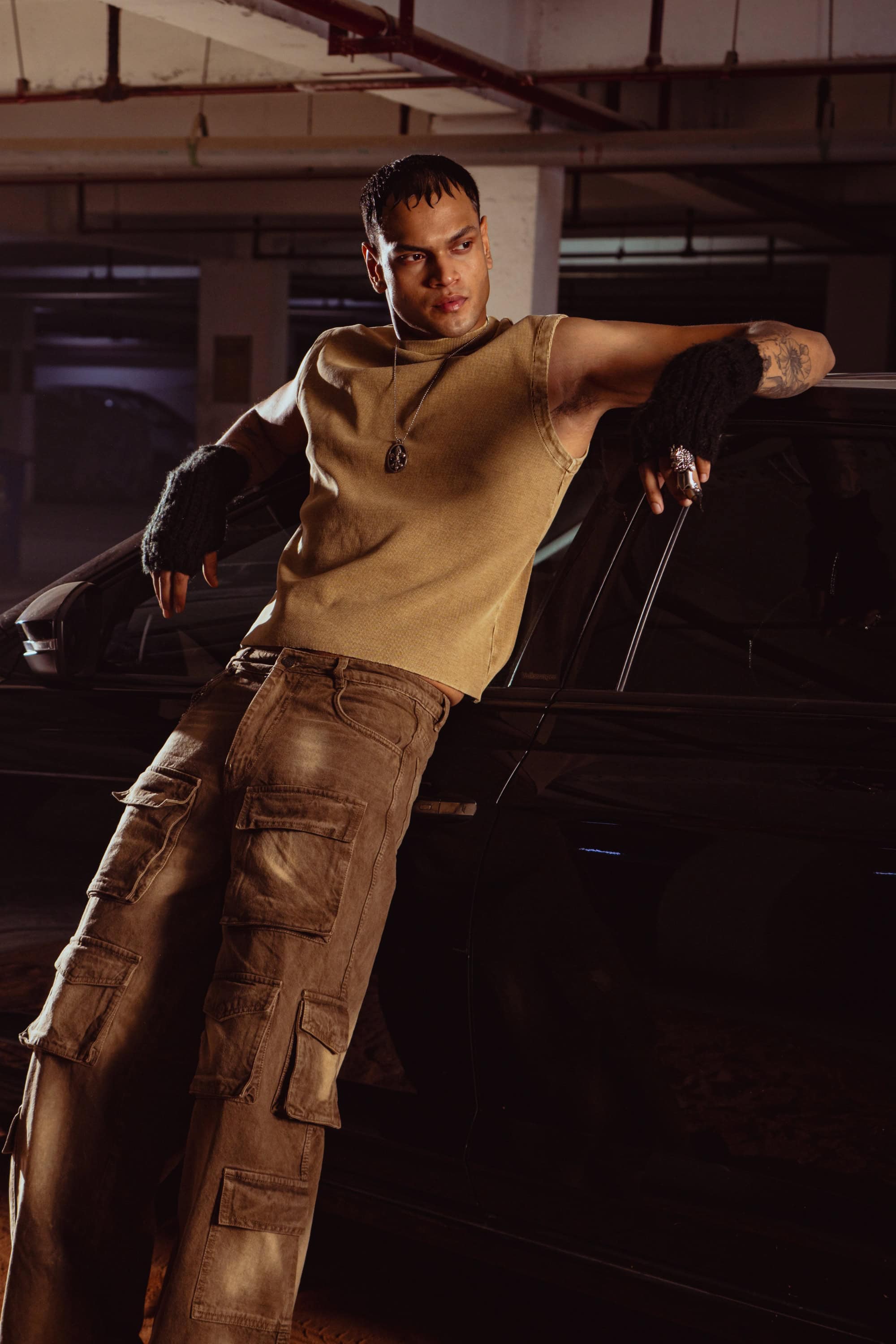 Front view of premium beige men’s tank top, ideal for high end casual outfits