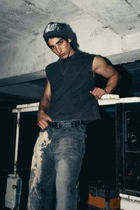 Charcoal cotton tank top with graphic design, perfect for streetwear fashion, offering a bold and trendy look