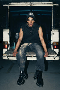 Slim-fit charcoal cotton tank top with a graphic design, tailored for streetwear fashion, delivering a stylish and edgy look