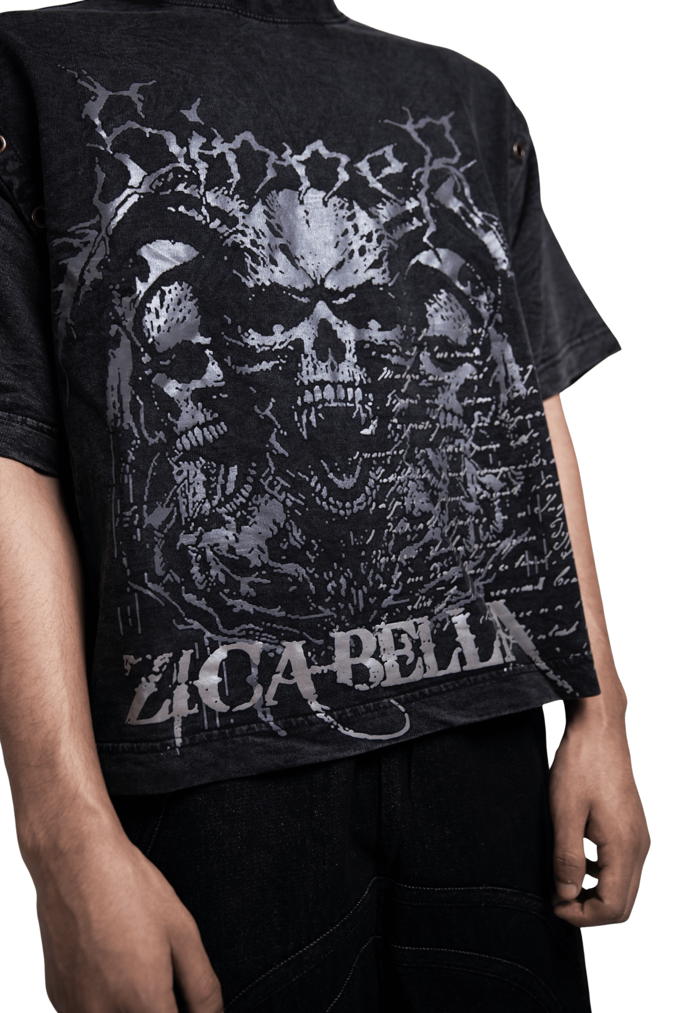 Close-up detail of graphic t-shirt highlighting fabric texture and premium print quality