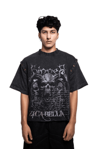 Black oversized t-shirt featuring dropped shoulders and a loose fit, highlighting modern street inspired styling