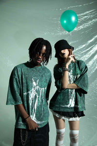 Front graphic green cotton streetwear t shirt with oversized fit