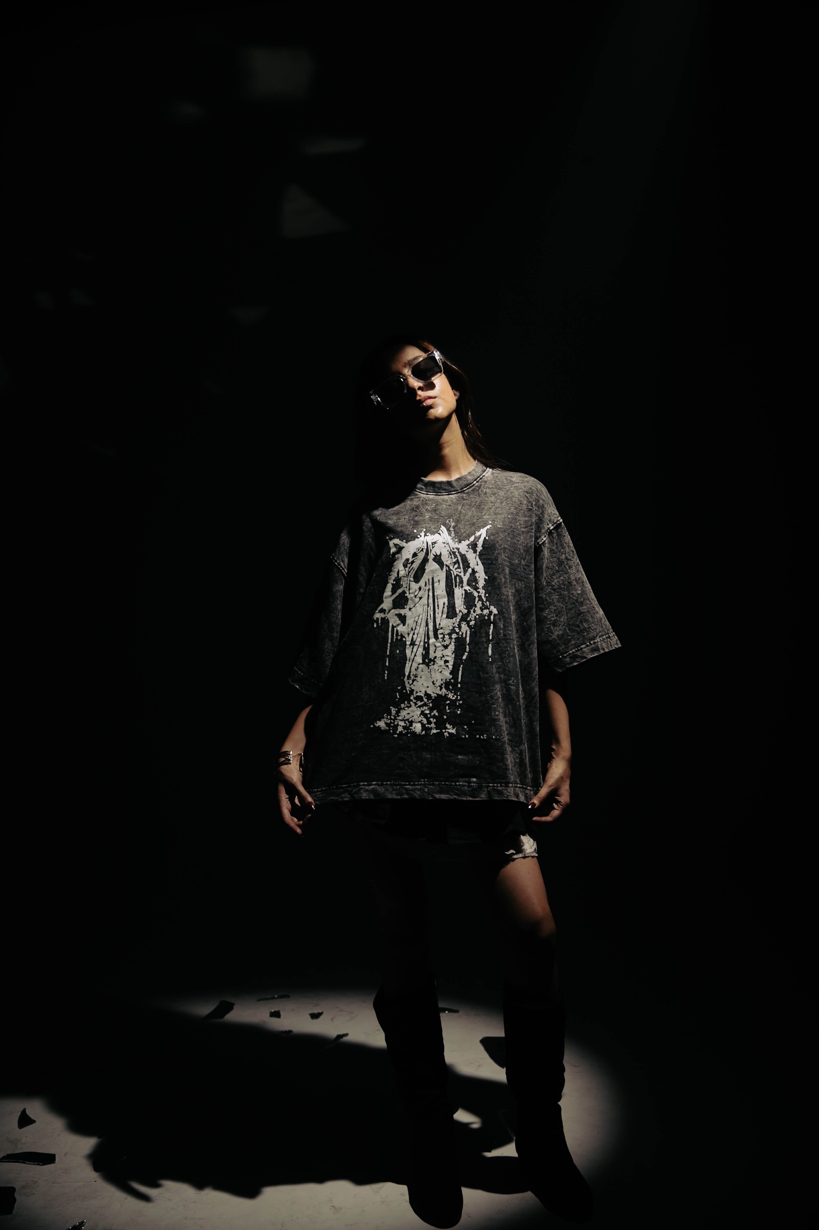 240 gsm black cotton t-shirt with minimal grunge print and relaxed oversized streetwear shape