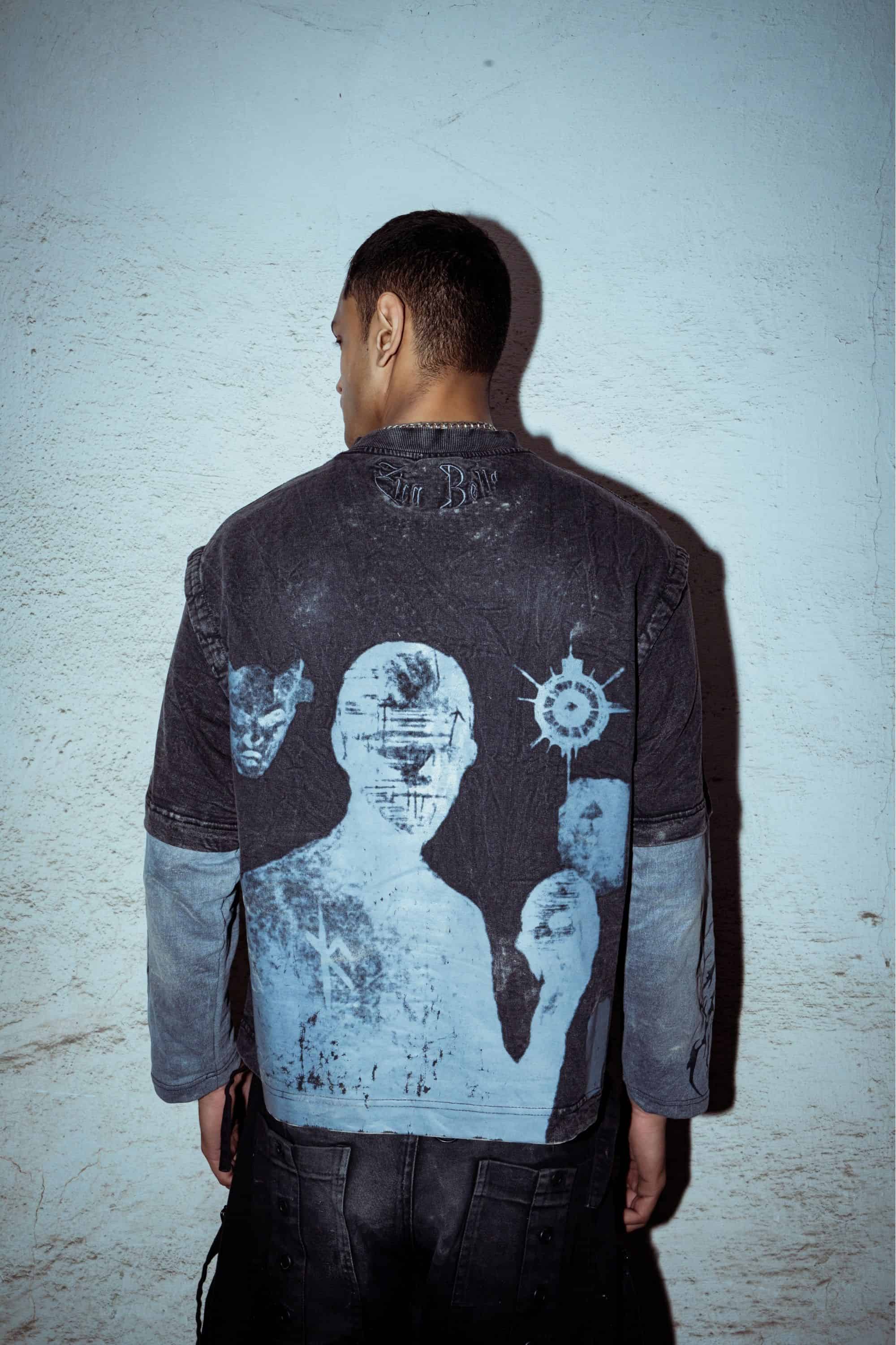 T-shirt made from premium cotton, acid washed black color, 240 gsm ,with a minimal graphic print and relaxed-fit silhouette