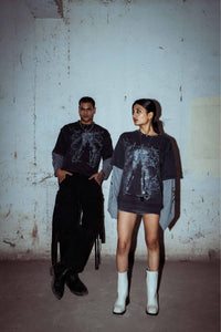 oversized fit premium cotton T-shirt in acid washed black, featuring a bold graphic print design, perfect for urban streetwear