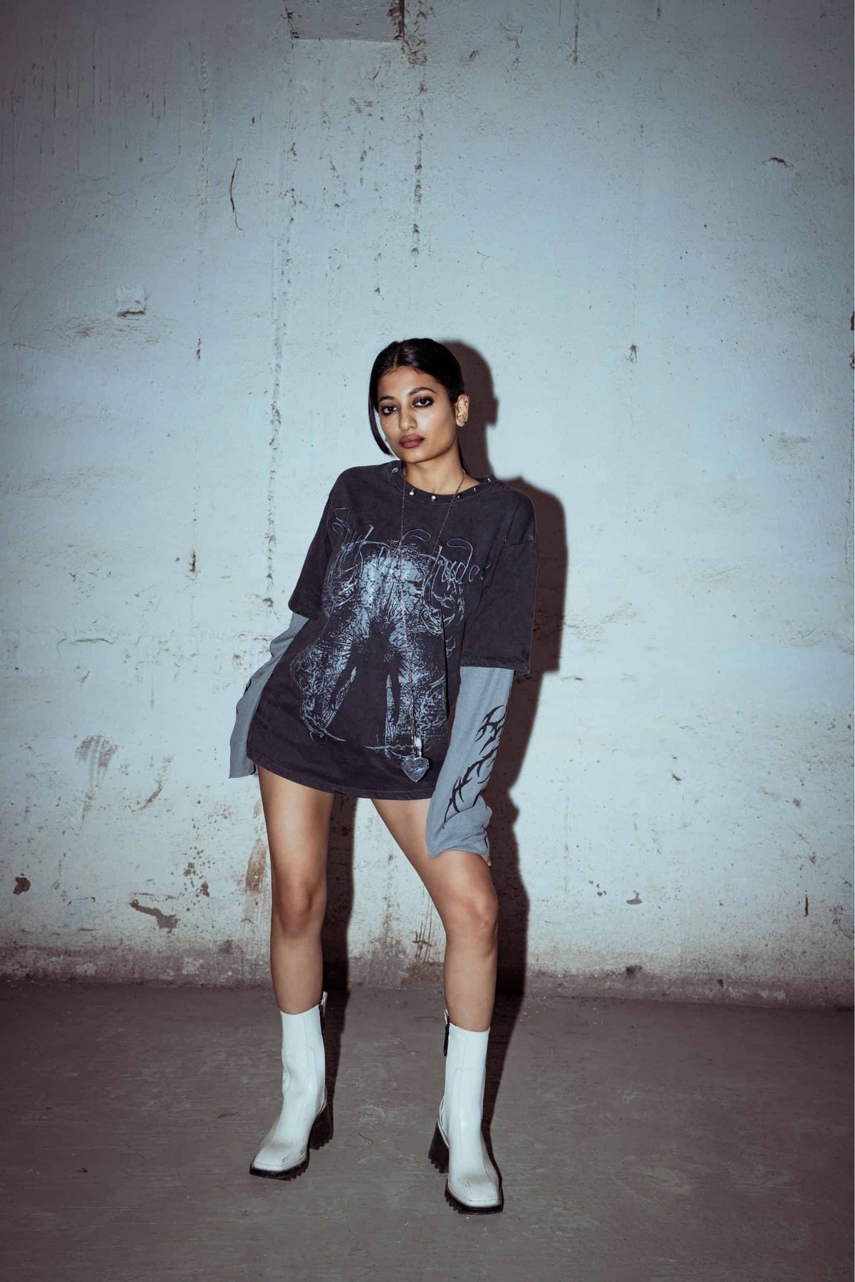 oversized fit T-shirt in washed black, premium cotton, featuring a structured bold graphic print