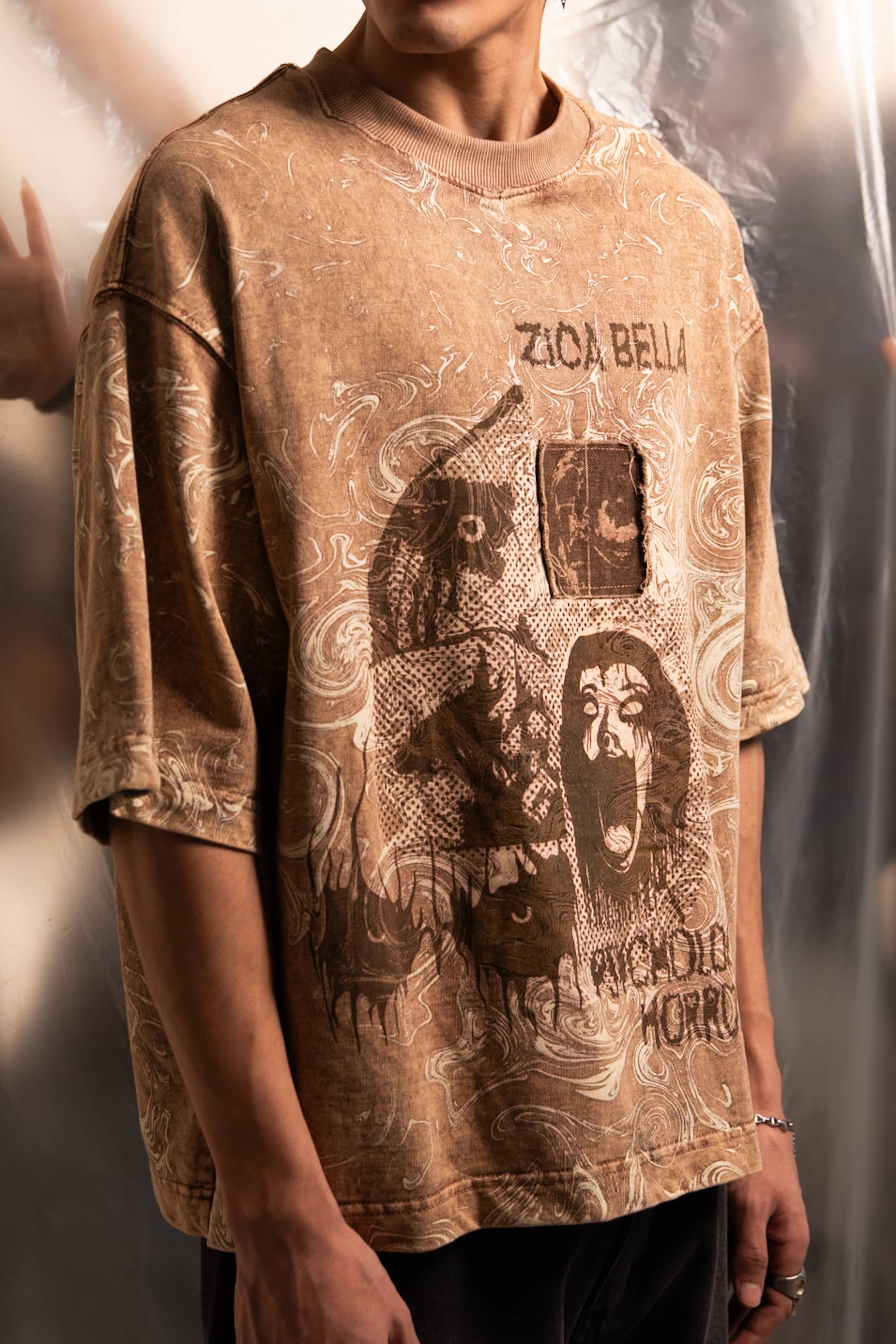 Psychological horror acid wash t-shirt in stone taupe featuring bold front artwork designed for edgy streetwear lovers