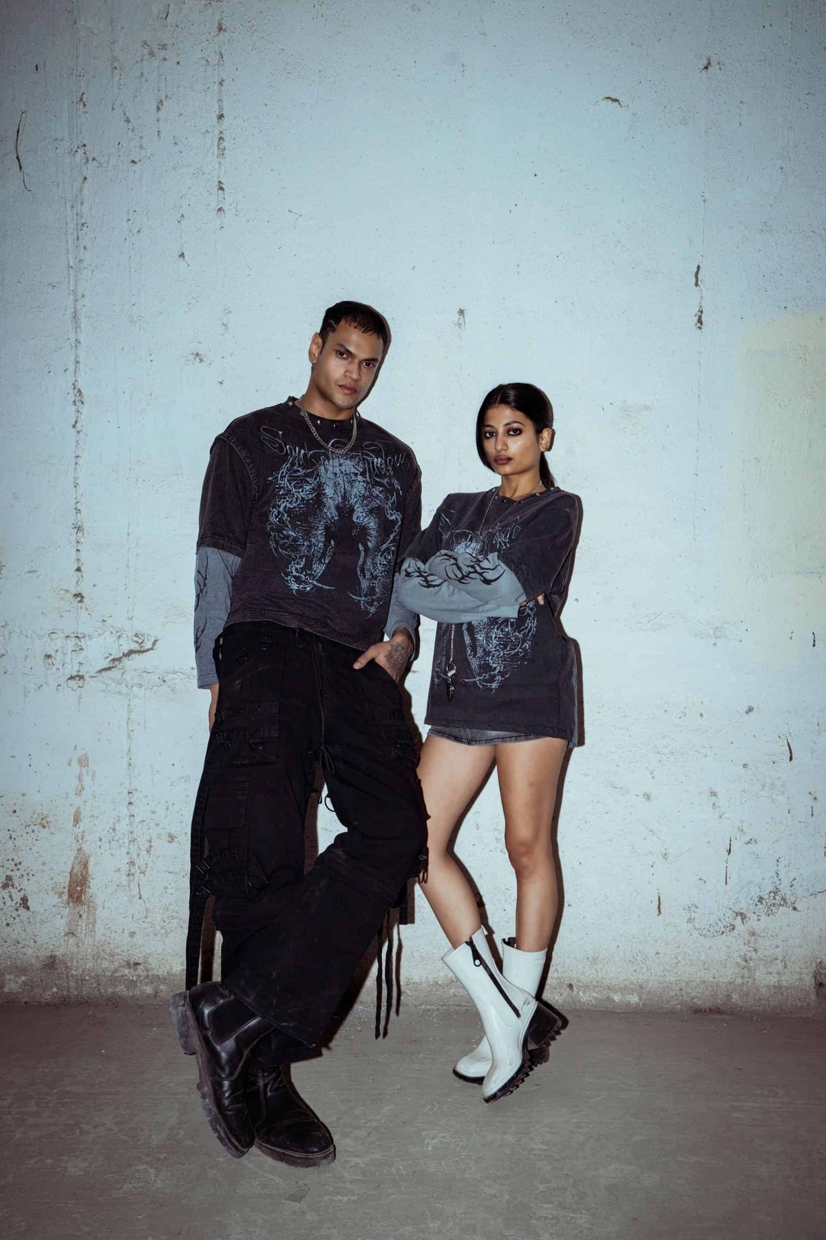 Textured cotton T-shirt with oversized fit, featuring a bold graphic print in washed black for a modern streetwear look