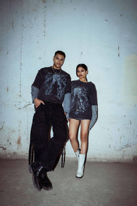 Textured 100% cotton T-shirt with relaxed fit, 240 gsm featuring bold graphic print in washed black for an urban street look