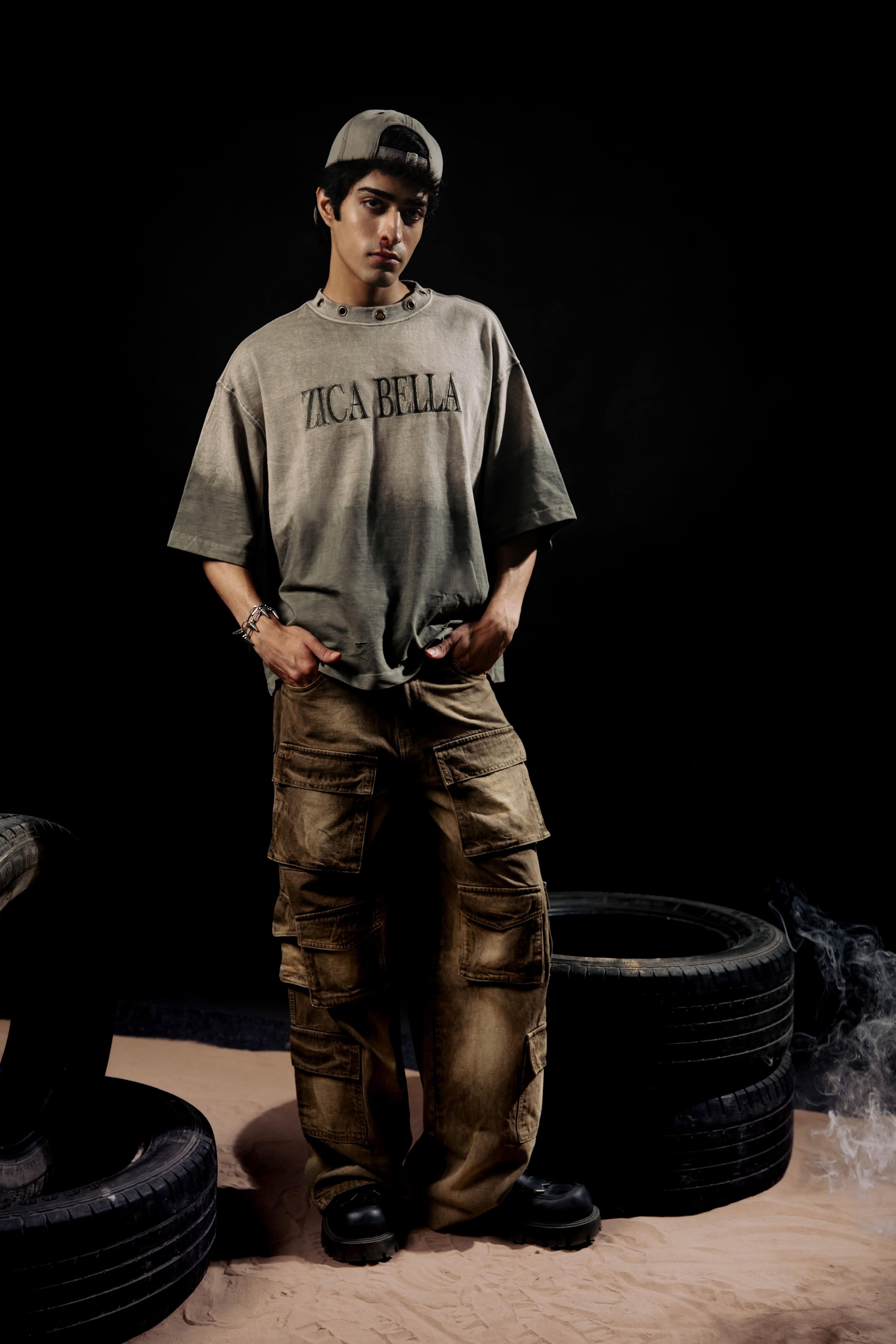 zb gangster oversized grey T-shirt for men made from 100% premium cotton with acid wash finish and embroidered detailing