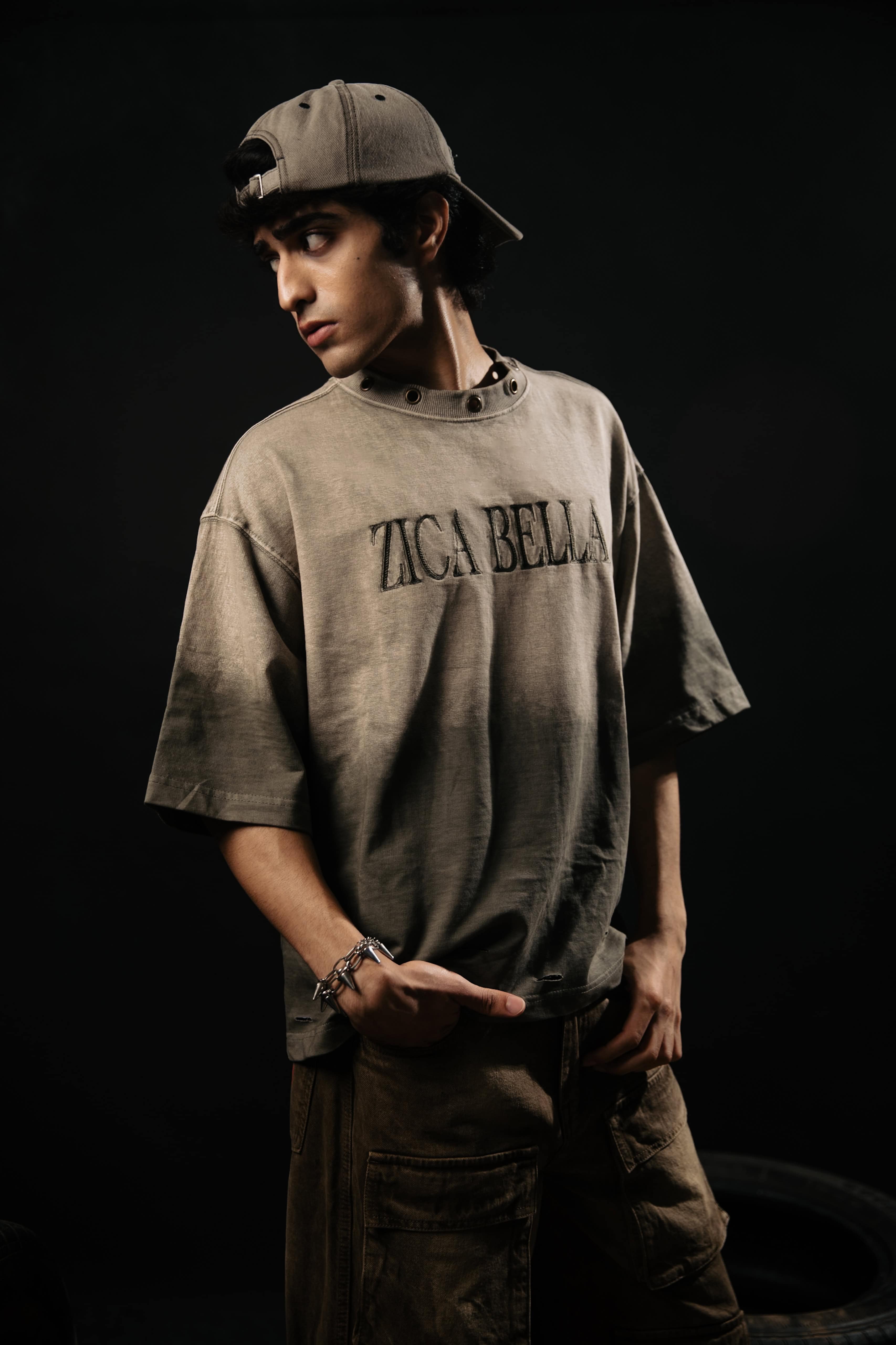 Zica Bella zb gangster oversized grey acid wash T-shirt for men showing relaxed fit side profile in premium cotton