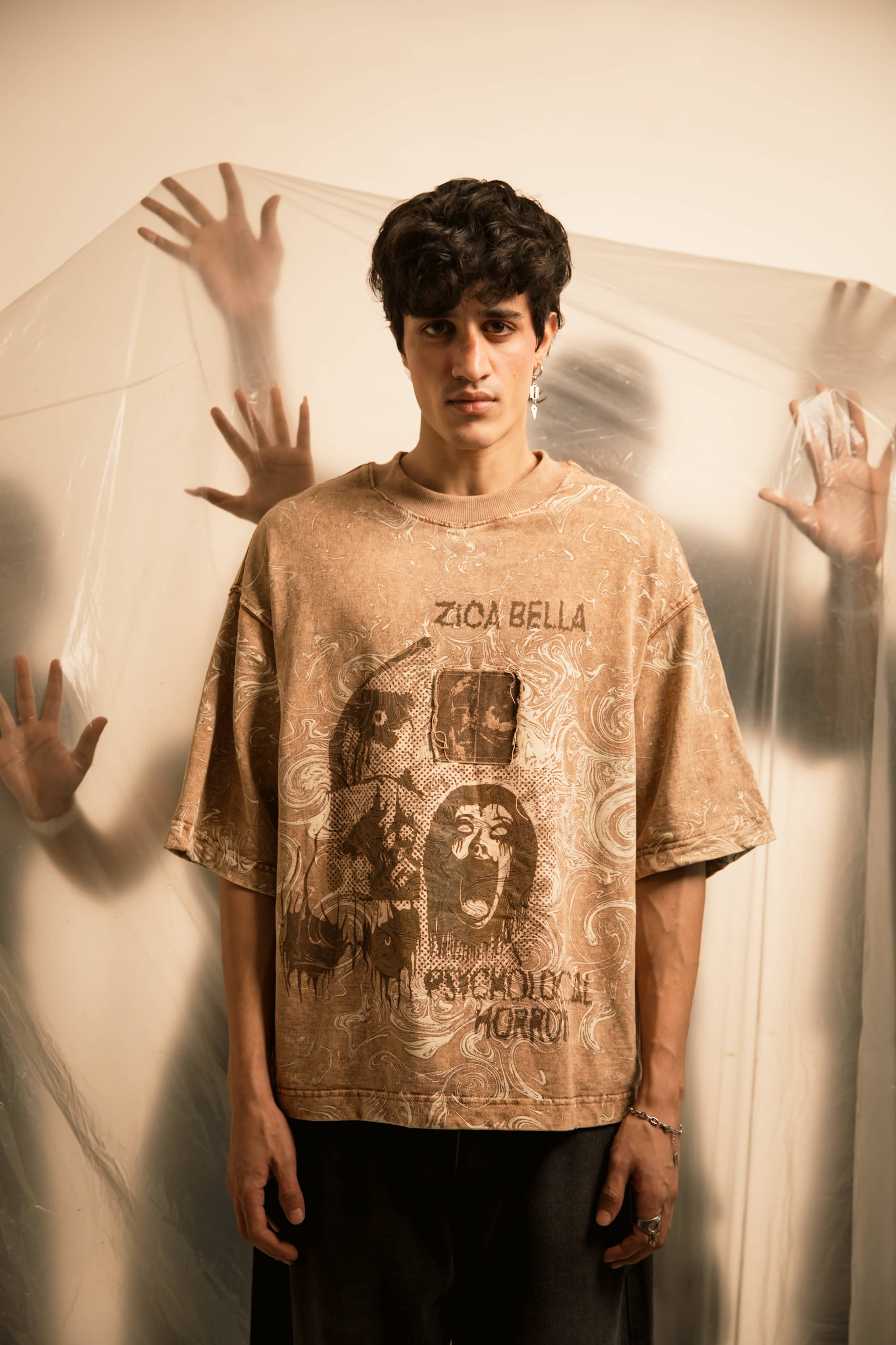 Graphic Cotton T-Shirt in Brown, Featuring Bold Abstract Artwork for Streetwear Look by zica bella